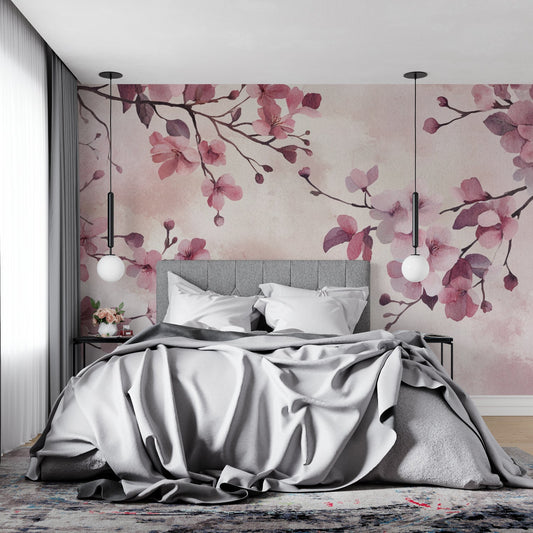 Papier Peint Fleurs de Cerisier Aquarelle Japonaise Rose et Mauve Autocollant