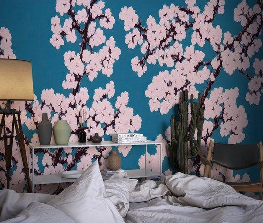 Papier Peint Japonais Fleurs de Cerisier sur Fond Bleu Canard Autocollant