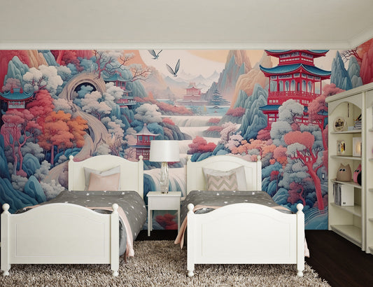 Papier Peint Japonais Paysage Traditionnel avec Pagodes et Cerisiers Autocollant