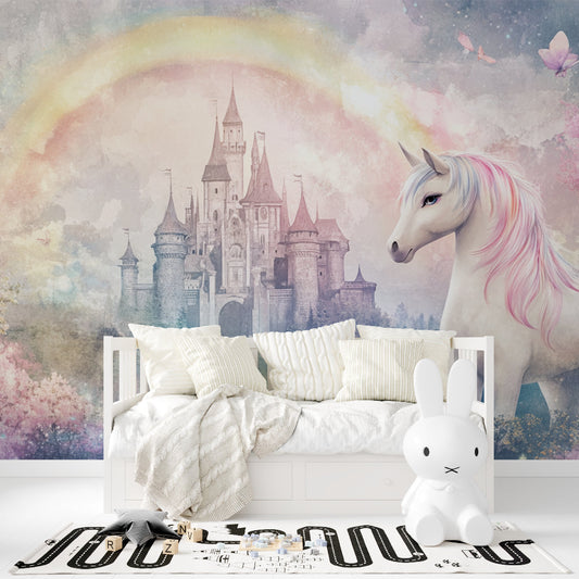 Papier Peint Licorne Château Magique avec Arcenciel Pastel Autocollant