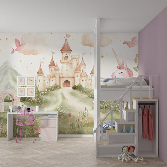 Papier Peint Château de Princesse Licorne et Oiseaux Style Aquarelle Autocollant