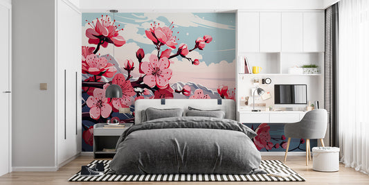 Papier Peint Japonais Fleurs de Cerisier et Montagnes Enneigées Autocollant