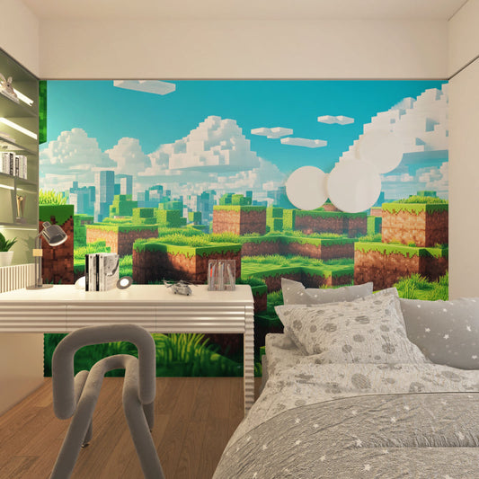 Papier Peint Gamer Paysage Minecraft en Pixel Art Autocollant