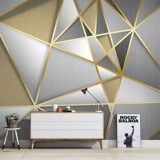 Papier Peint Géométrique Motif Art Déco Gris et Doré Autocollant