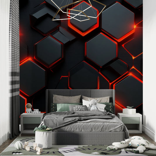 Papier Peint Géométrique Hexagones Noirs avec Contours Lumineux Rouge Autocollant