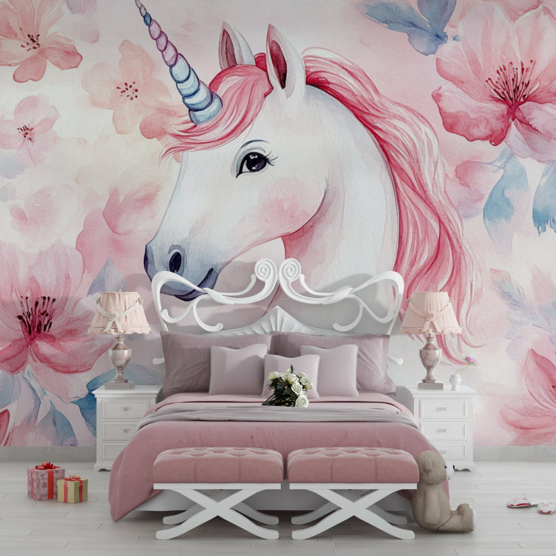 Papier Peint Licorne Aquarelle Florale Rose et Féérique Autocollant