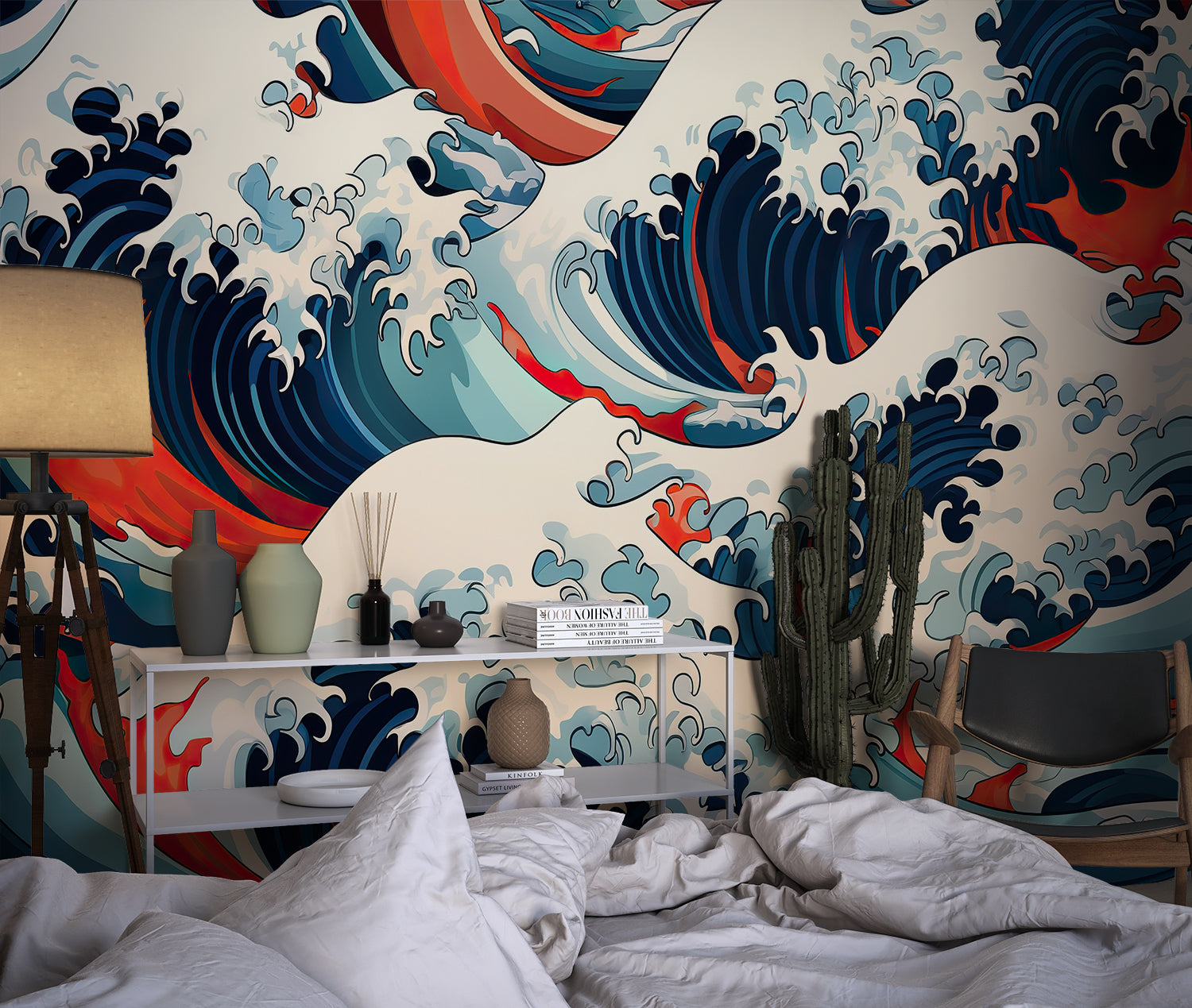 Papier Peint Japonais Vagues Dynamiques Bleu Marine et Rouge Autocollant