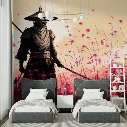 Papier Peint Japonais Samouraï dans un Champ de Fleurs Rose Autocollant