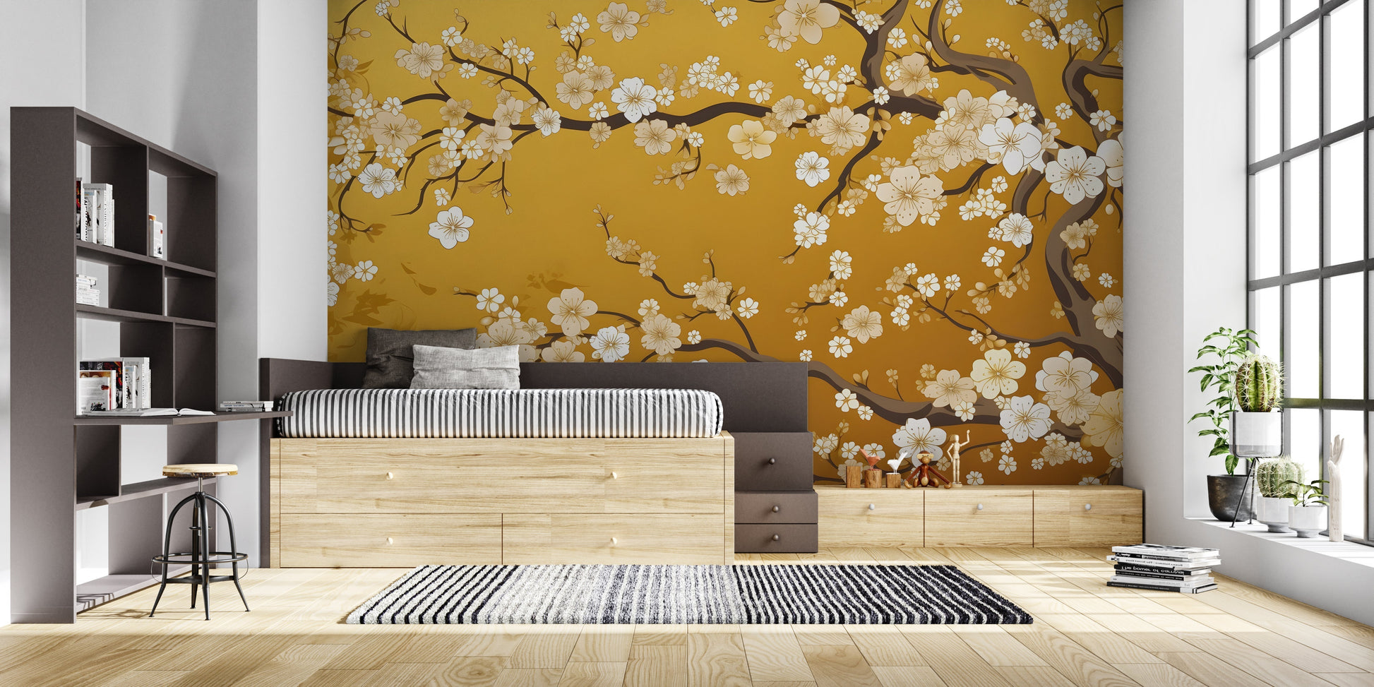 Papier Peint Japonais Fleurs de Cerisier sur Fond Doré Autocollant