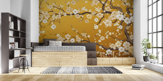 Papier Peint Japonais Fleurs de Cerisier sur Fond Doré Autocollant