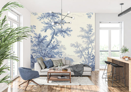 Papier Peint Toile de Jouy Arbre Délicat Bleu sur Fond Crème Autocollant