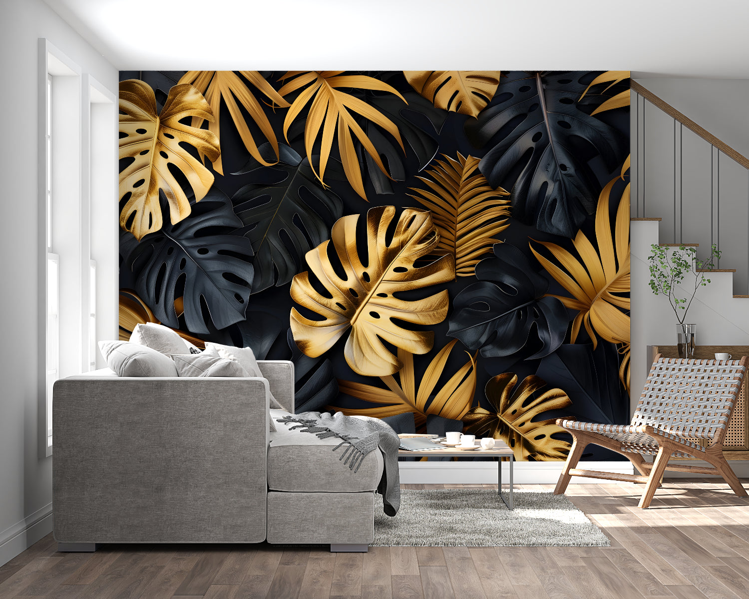 Papier Peint Tropical Feuilles de Monstera Noir et Or Autocollant