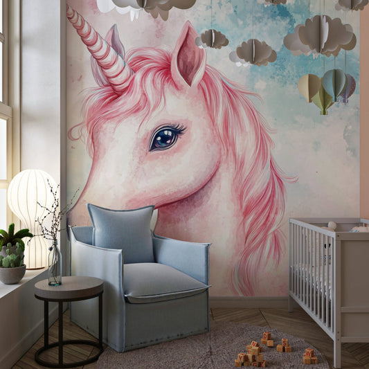 Papier Peint Licorne Portrait Aquarelle Rose et Bleu Magique Autocollant
