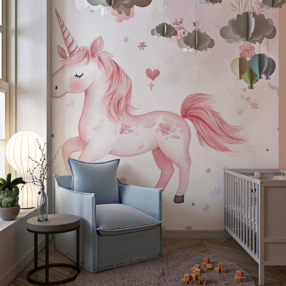 Papier Peint Licorne Aquarelle Rose avec Fleurs et Nuages Autocollant