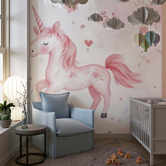 Papier Peint Licorne Aquarelle Rose avec Fleurs et Nuages Autocollant