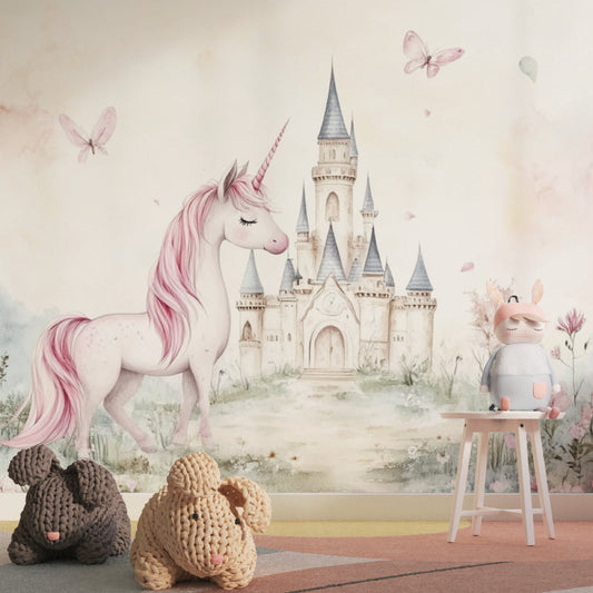 Papier Peint Licorne Château Féerique et Papillons Rose Pastel Autocollant
