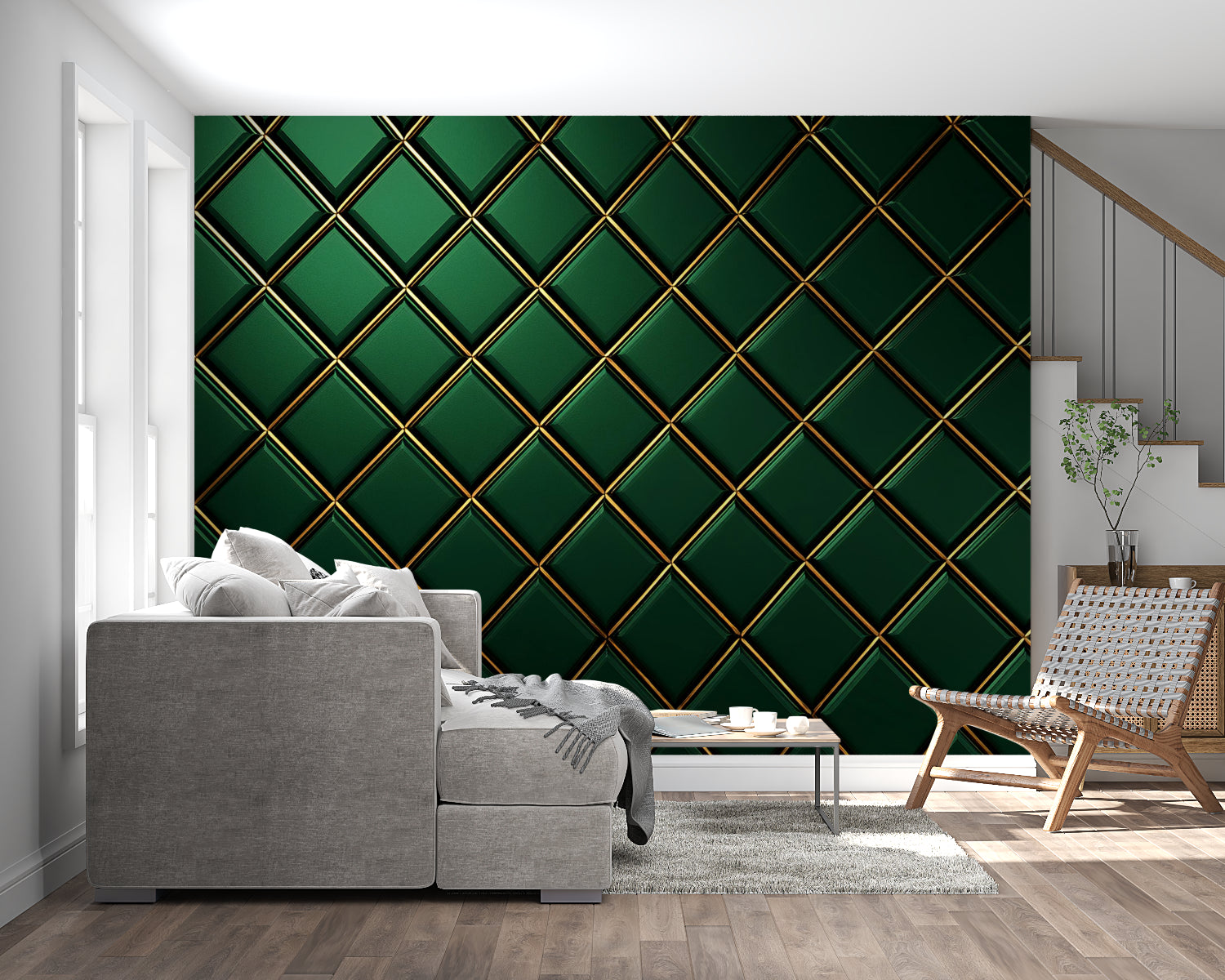 Papier Peint Géométrique Motif Diamant Vert et Doré Art Déco Autocollant