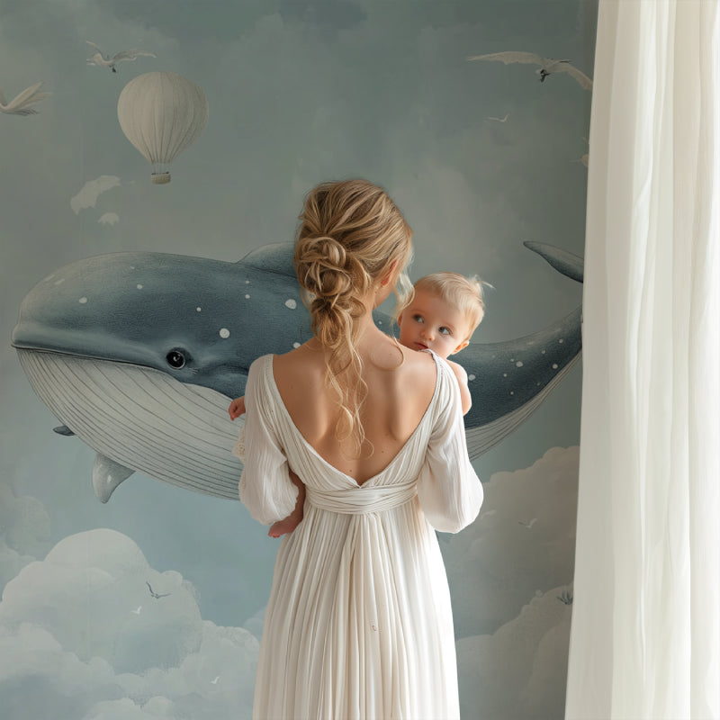 Papier Peint Baleine Scène Féérique avec Montgolfières et Nuages Autocollant