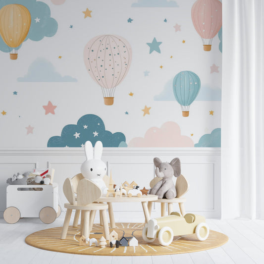Papier Peint Montgolfière Ciel Pastel avec Étoiles et Nuages Autocollant