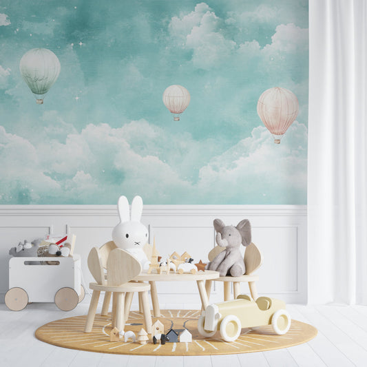 Papier Peint Montgolfière Ciel Turquoise et Nuages Féeriques Autocollant