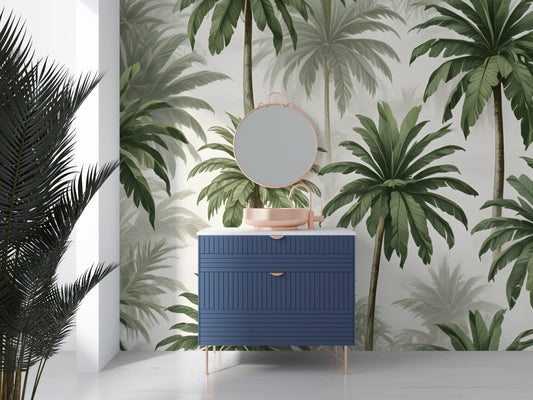 Papier Peint Palmier Fresque Tropicale Luxuriante sur Fond Ivoire Autocollant