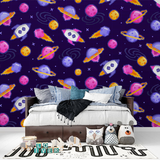 Papier Peint Espace Fusées et Planètes Style Pixel Art Autocollant