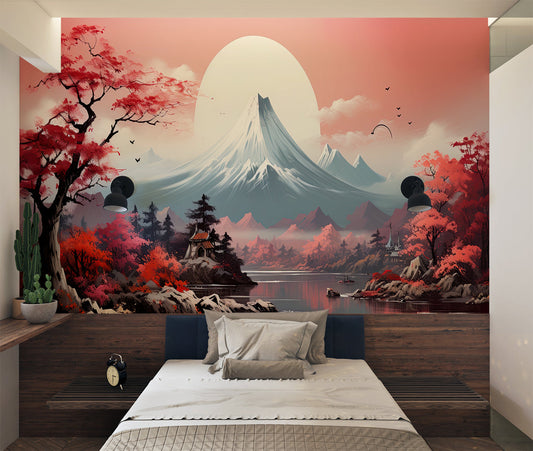 Papier Peint Mont Fuji Paysage Japonais avec Cerisiers en Fleurs Autocollant