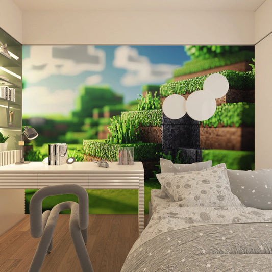Papier Peint Gamer Paysage Pixelisé Minecraft Autocollant