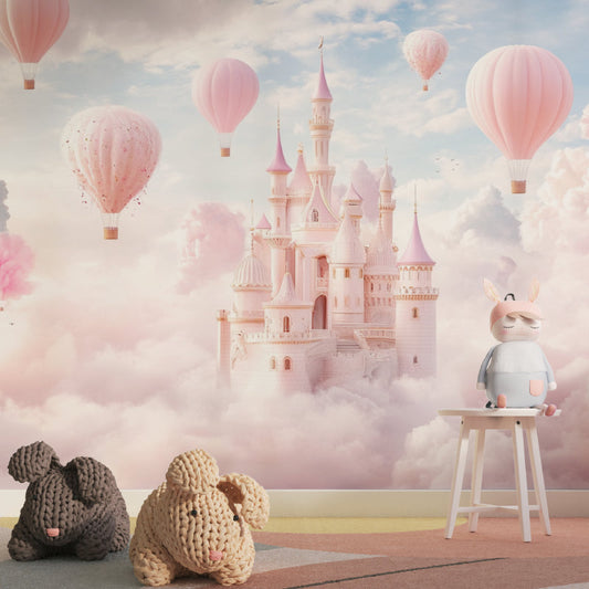 Papier Peint Château de Princesse Montgolfières Roses dans les Nuages Autocollant