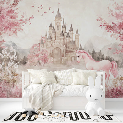 Papier Peint Château Licorne Fresque Aquarelle Rose Princesse Autocollant