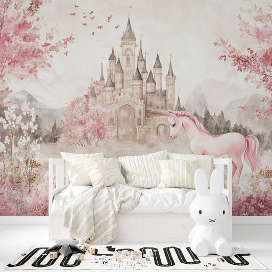 Papier Peint Château Licorne Fresque Aquarelle Rose Princesse Autocollant