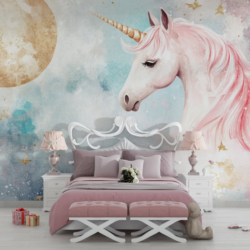 Papier Peint Licorne Aquarelle Rose et Lune Dorée Autocollant
