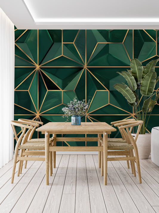 Papier Peint Art Déco Motif Géométrique Vert Émeraude et Or Autocollant