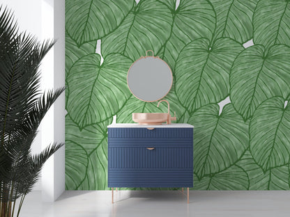 Papier Peint Monstera Feuilles Tropicales XXL en Vert Nature Autocollant