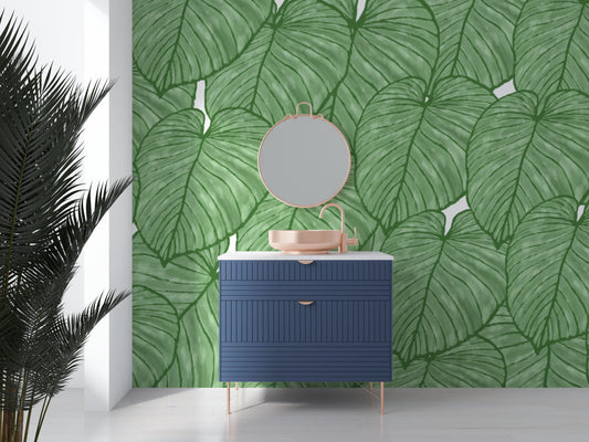 Papier Peint Monstera Feuilles Tropicales XXL en Vert Nature Autocollant