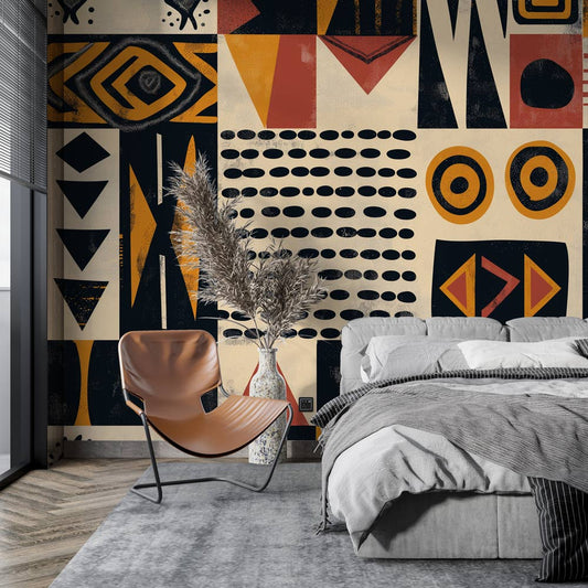 Papier Peint Géométrique Design Tribal Moderne Terracotta et Or Autocollant