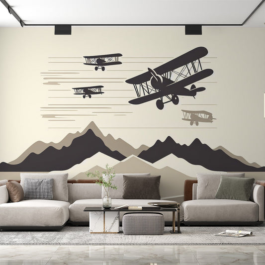 Papier Peint Aviation Biplans Vintage et Montagnes Minimalistes Autocollant