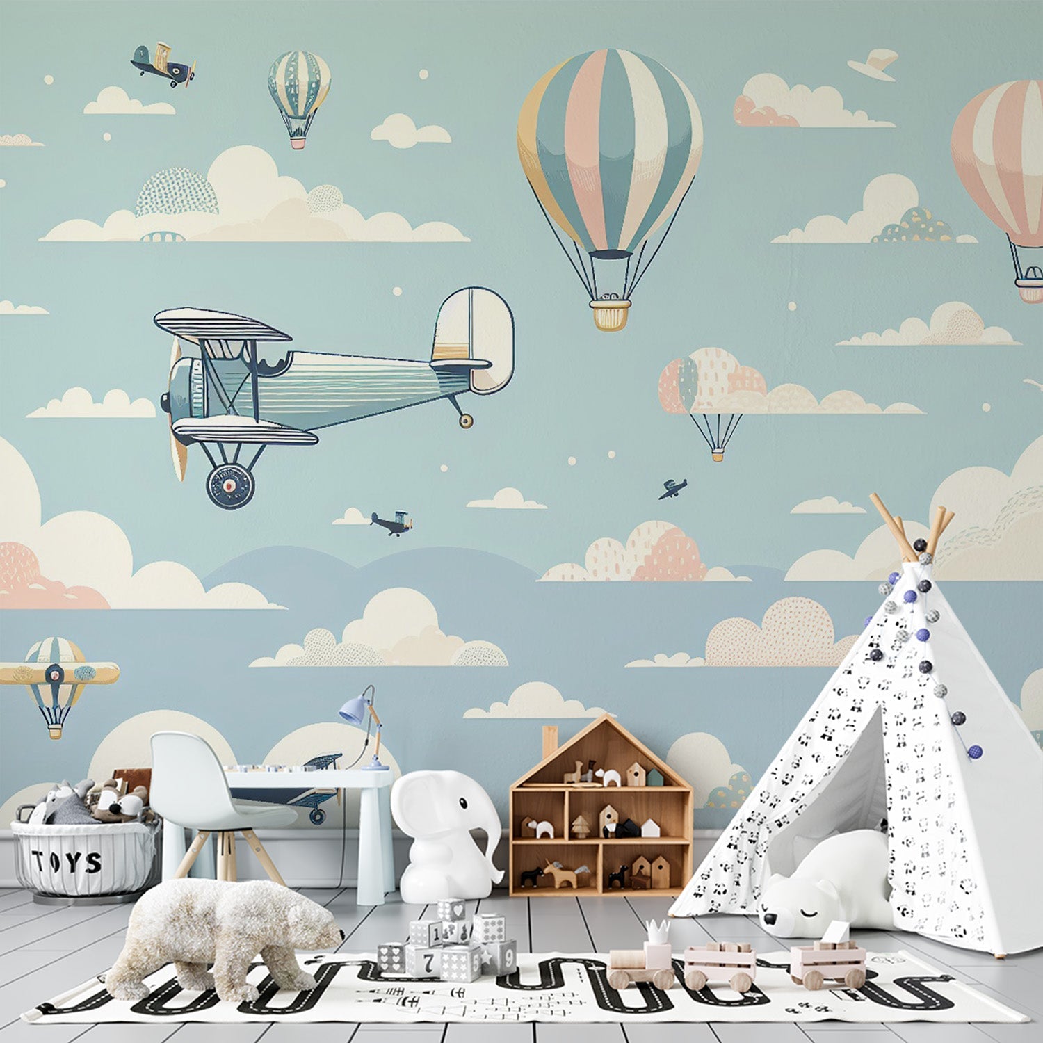 Papier Peint Aviation Montgolfières et Avions Vintage dans un Ciel Pastel Autocollant