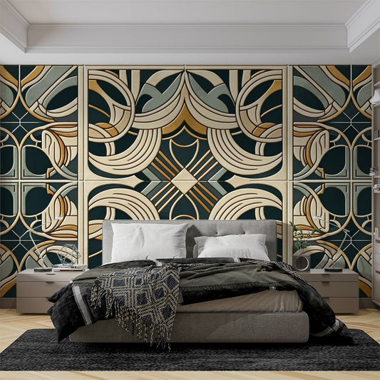 Papier Peint Art Déco Motif Géométrique Vert et Doré Autocollant
