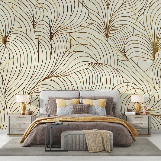 Papier Peint Art Déco Motif Plumes Dorées sur Beige Autocollant