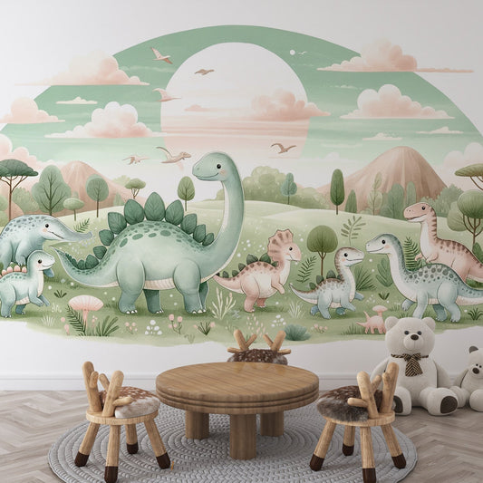 Papier Peint Dinosaure Paysage Préhistorique Pastel avec Lune Autocollant