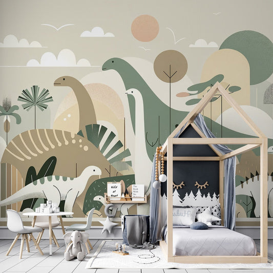 Papier Peint Dinosaure Forêt Nordique en Tons Beige et Vert Sauge Autocollant