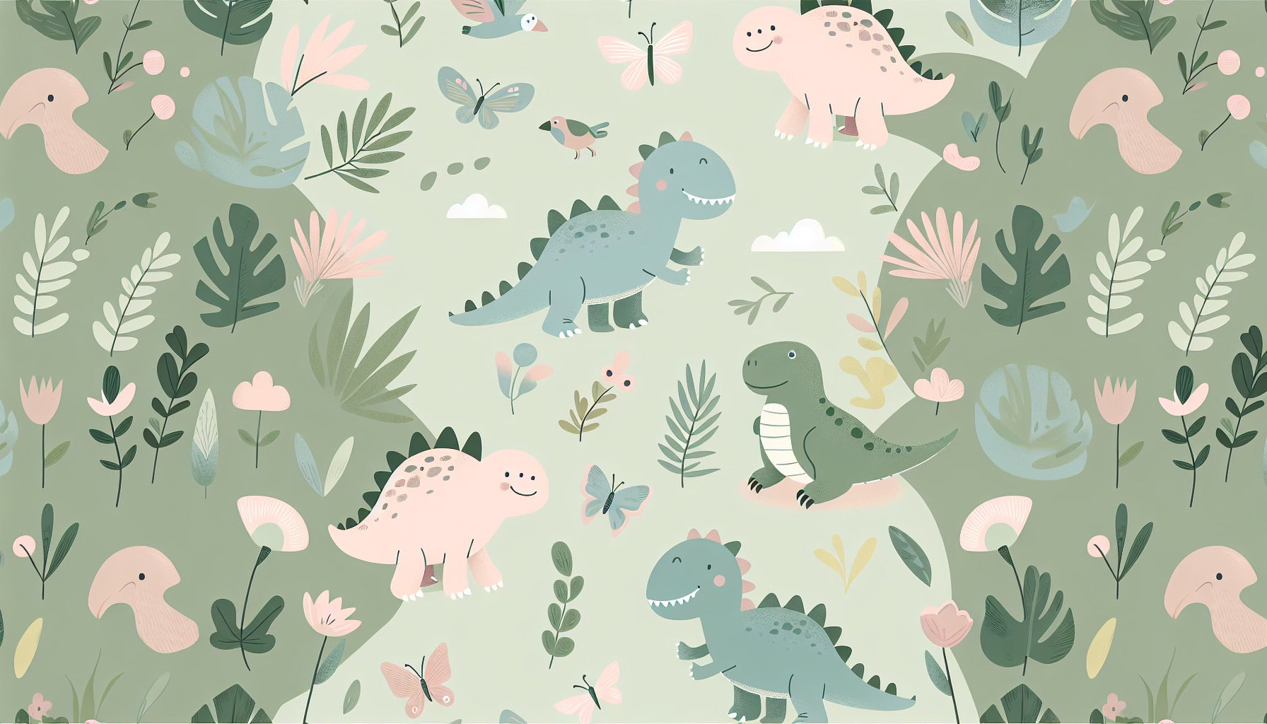 Papier Peint Dinosaure Motif Pastoral avec Papillons en Tons Pastel