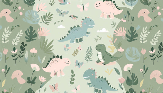 Papier Peint Dinosaure Motif Pastoral avec Papillons en Tons Pastel