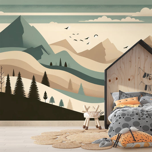 Papier Peint Montagne Paysage Scandinave Minimaliste Vert Sauge Autocollant