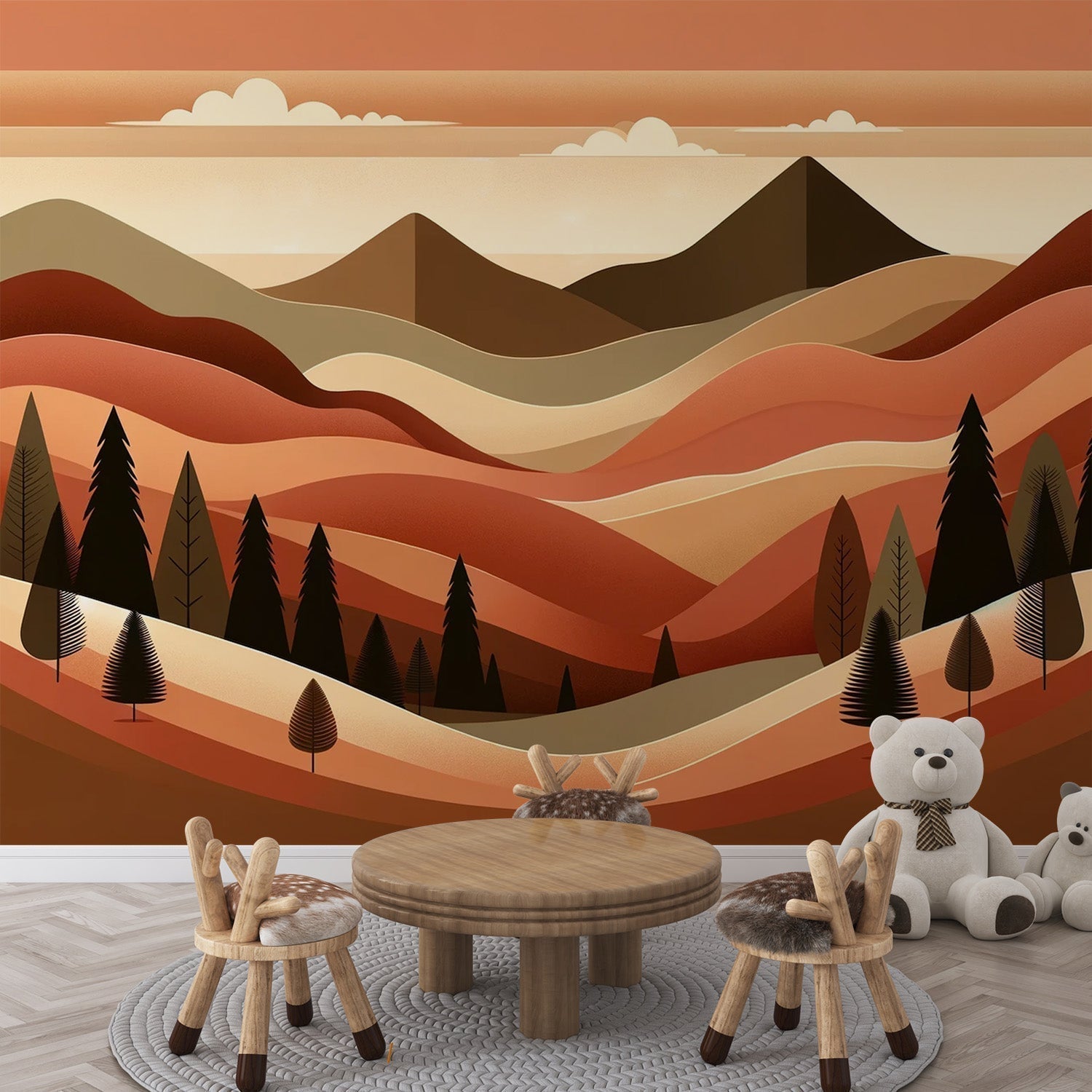 Papier Peint Montagne Paysage Terracotta au Coucher du Soleil Autocollant