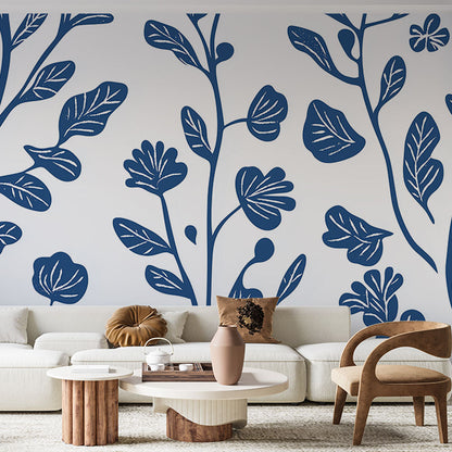 Papier Peint Floral Motif Botanique Bleu et Orange Autocollant