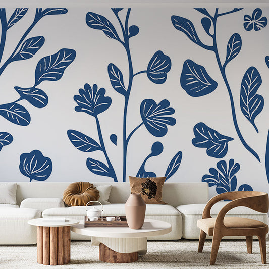 Papier Peint Floral Motif Botanique Bleu et Orange Autocollant