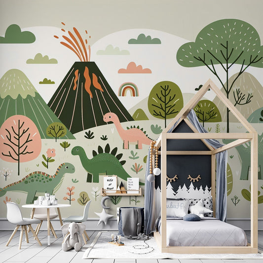 Papier Peint Dinosaure Paysage Volcanique avec Arcenciel Autocollant