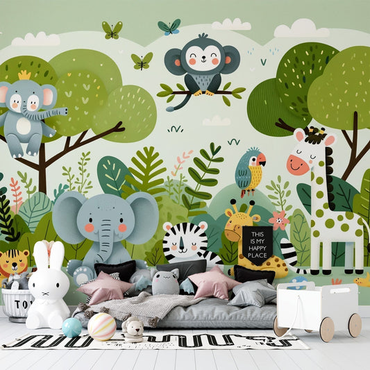 Papier Peint Animaux de la Jungle Fresque Safari Enfantine en Tons Pastel Autocollant